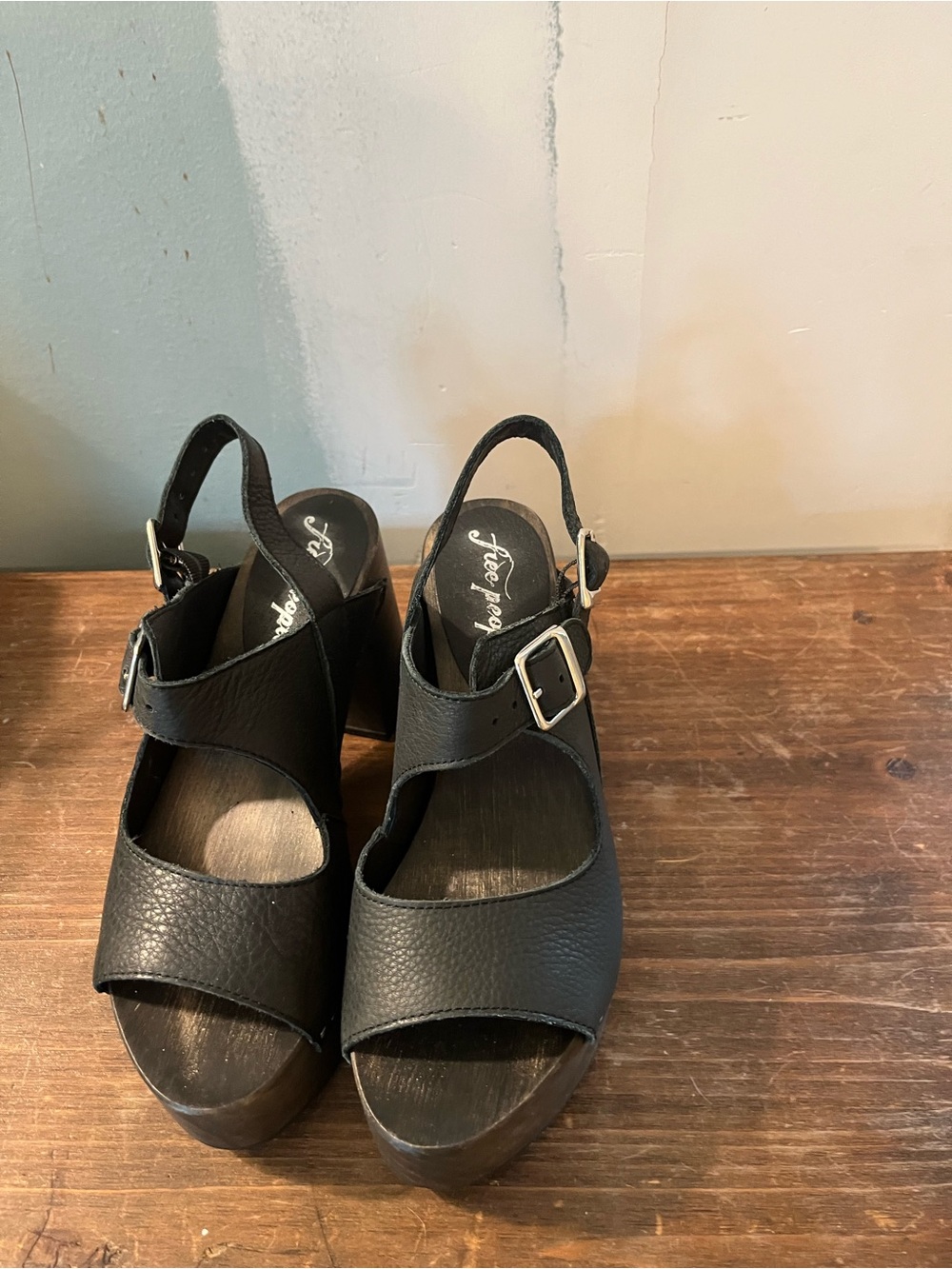 Free People Black Leather Platform Slingback Sandals